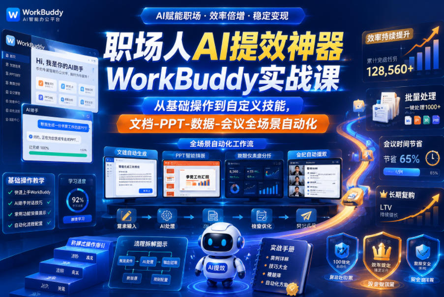 职场人AI提效神器WorkBuddy实战课，从基础操作到自定义技能，文档-PPT-数据-会议全场景自动化
