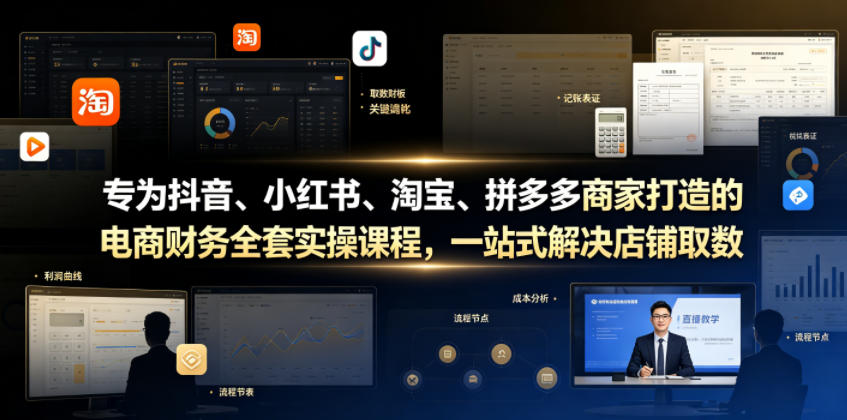 专为抖音、小红书、淘宝、拼多多商家打造的电商财务全套实操课程，一站式解决店铺取数、记账、报税全流程难题