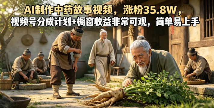 AI制作中药故事视频，涨粉35.8W，视频号分成计划+橱窗收益非常可观，简单易上手|云雀资源分享