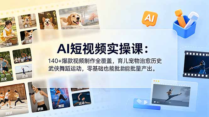AI短视频实操课:140+爆款视频制作全覆盖,育儿宠物治愈历史武侠舞蹈运动,零基础也能批量产出|云雀资源分享