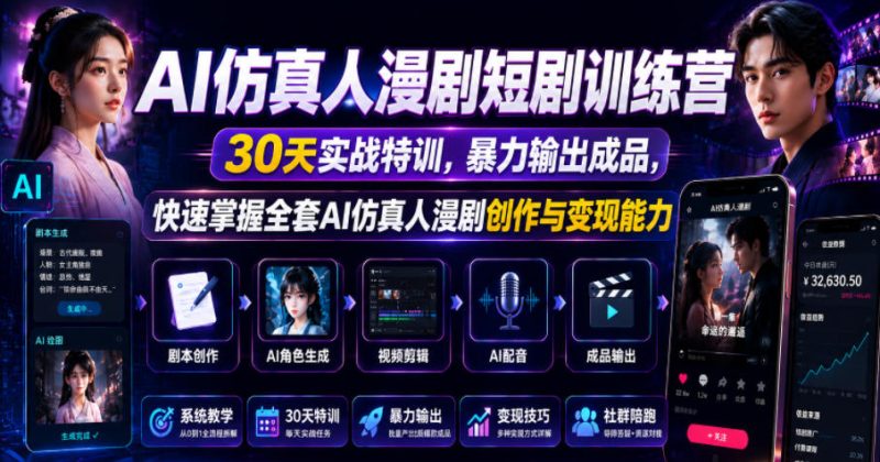 AI仿真人漫剧短剧训练营，30天实战特训，暴力输出成品，快速掌握全套AI仿真人漫剧创作与变现能力|云雀资源分享