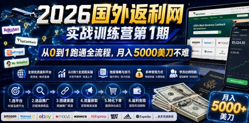 2026年国外返利网实战训练营第1期，从0到1跑通全流程，月入5000美刀不难|云雀资源分享