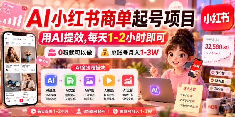 AI小红书商单起号项目，用AI提效,每天1-2小时即可，0粉就可以做，单账号月入1-3W|云雀资源分享