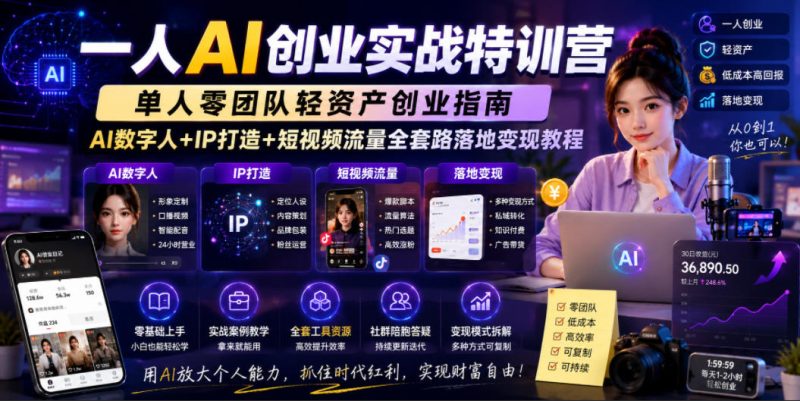 一人AI创业实战特训营，单人零团队轻资产创业指南，AI数字人+IP打造+短视频流量全套路落地变现教程|云雀资源分享