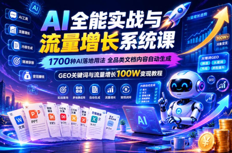 AI全能实战与流量增长系统课，1700种AI落地用法，全品类文档内容自动生成，GEO关键词与流量增长100W变现教程|云雀资源分享
