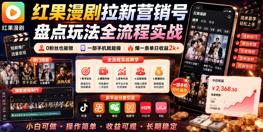 红果漫剧拉新营销号盘点玩法全流程实战，0粉丝也能做，一部手机就能做，爆一条单日收益2k+|云雀资源分享