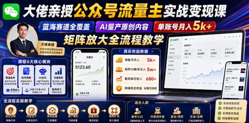大佬亲授公众号流量主实战变现课，蓝海赛道全覆盖，AI量产原创内容，单账号月入5k+矩阵放大全流程教学|云雀资源分享