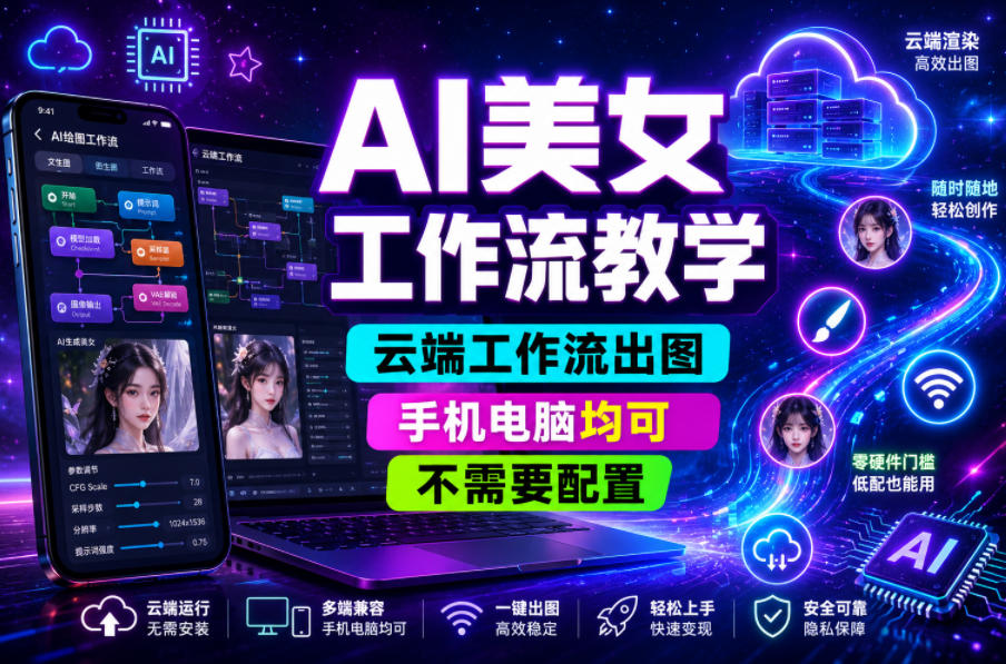 AI美女工作流教学，云端工作流出图，手机电脑均可，不需要配置，快速起号涨粉|云雀资源分享