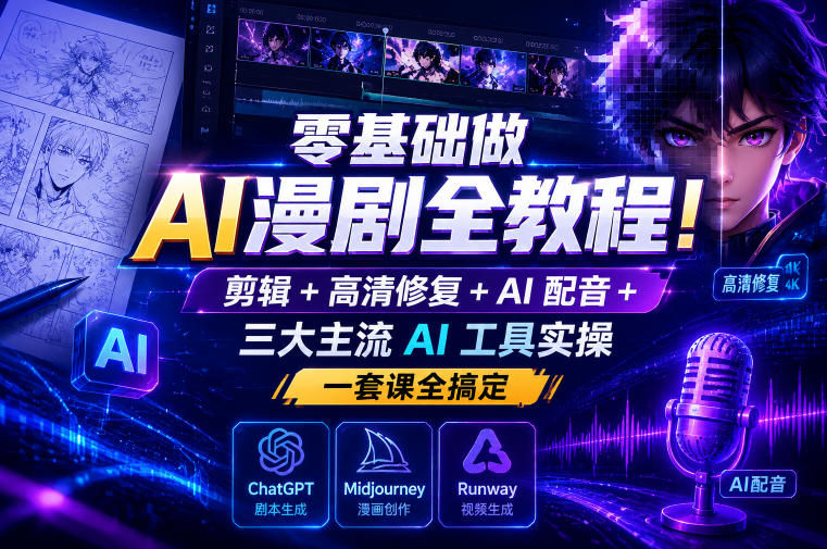 零基础做AI漫剧全教程!剪辑+高清修复+AI配音+三大主流AI工具实操,一套课全搞定|云雀资源分享
