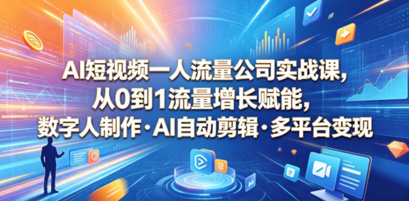 AI短视频一人流量公司实战课，从0到1流量增长赋能，数字人制作・AI自动剪辑・多平台变现，一人做流量生意全落地教程|云雀资源分享