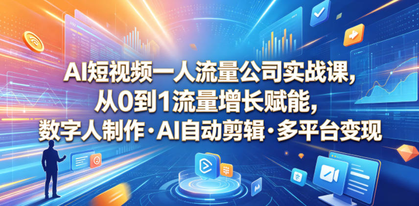 AI短视频一人流量公司实战课，从0到1流量增长赋能，数字人制作・AI自动剪辑・多平台变现，一人做流量生意全落地教程|云雀资源分享