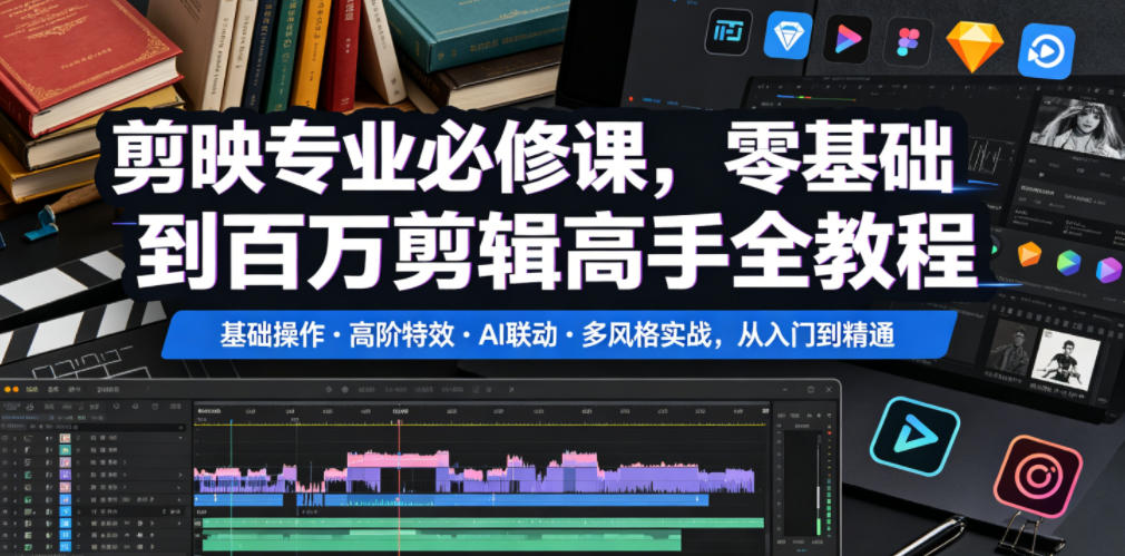 剪映专业必修课，零基础到百万剪辑高手全教程，基础操作・高阶特效・AI联动・多风格实战，从入门到精通|云雀资源分享
