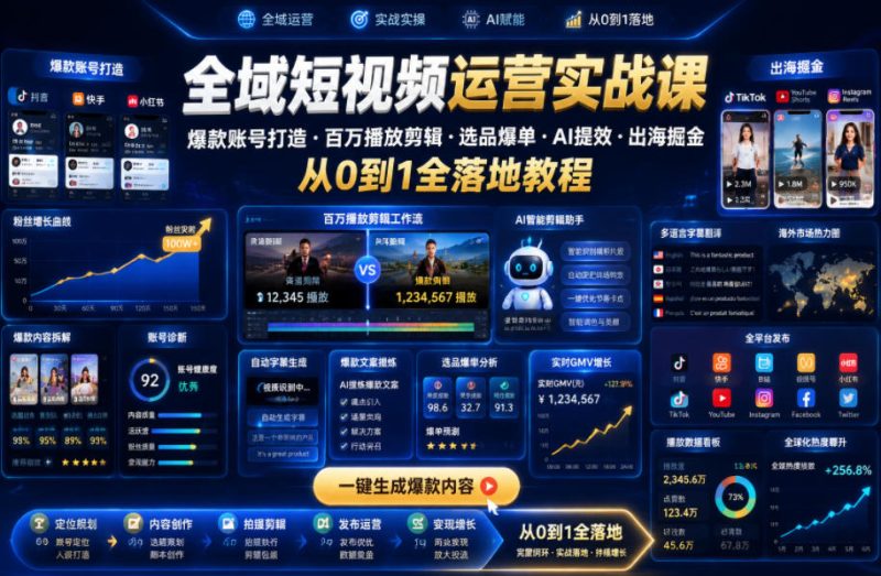 全域短视频运营实战课，爆款账号打造・百万播放剪辑・选品爆单・AI提效・出海掘金，从0到1全落地教程|云雀资源分享