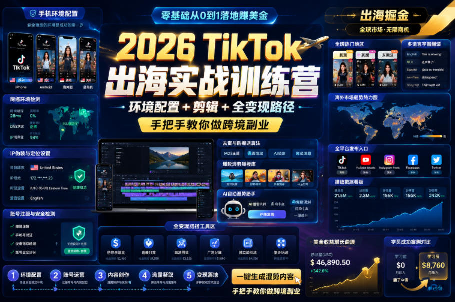 2026 TikTok出海实战训练营，环境配置 + 剪辑 + 全变现路径，手把手教你做跨境副业|云雀资源分享