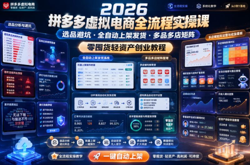 2026拼多多虚拟电商全流程实操课，选品避坑・全自动上架发货・多品多店矩阵，零囤货轻资产创业教程|云雀资源分享