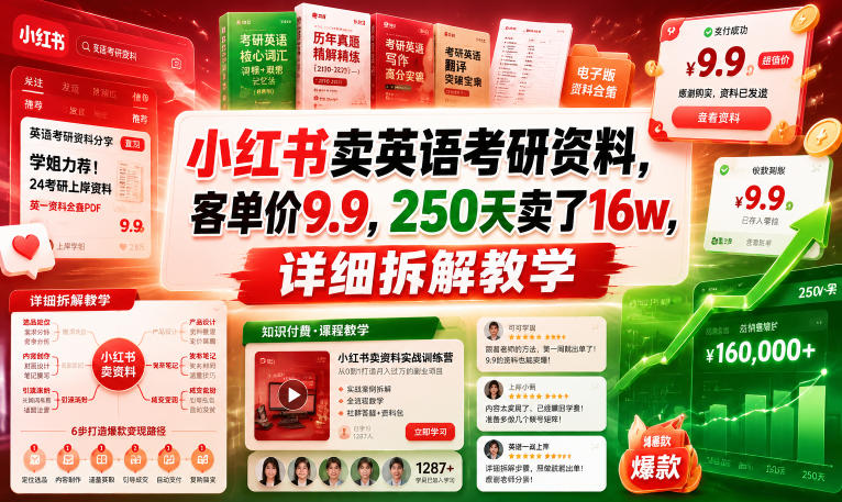 小红书卖英语考研资料，客单价9.9，250天卖了16w，详细拆解教学|云雀资源分享