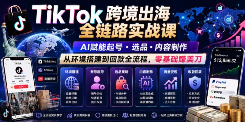 TikTok跨境出海全链路实战课，AI赋能起号・选品・内容制作，从环境搭建到回款全流程，零基础賺美刀|云雀资源分享