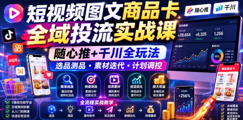 短视频图文商品卡全域投流实战课，随心推+千川全玩法，选品测品・素材迭代・计划调控，提升ROI爆单增收教程|云雀资源分享