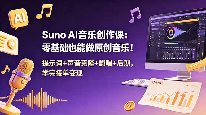 Suno AI音乐创作课:零基础也能做原创音乐!提示词+声音克隆+翻唱+后期,学完接单变现|云雀资源分享