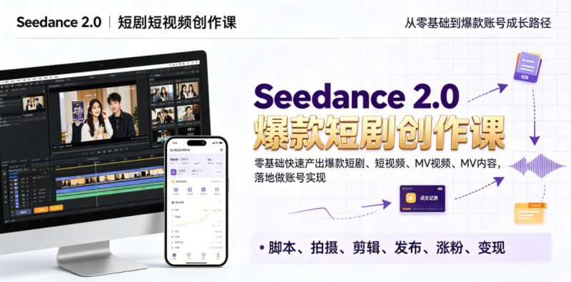 Seedance 2.0短剧短视频创作课，零基础快速产出爆款短剧、短视频、MV内容，落地做账号实现变现|云雀资源分享