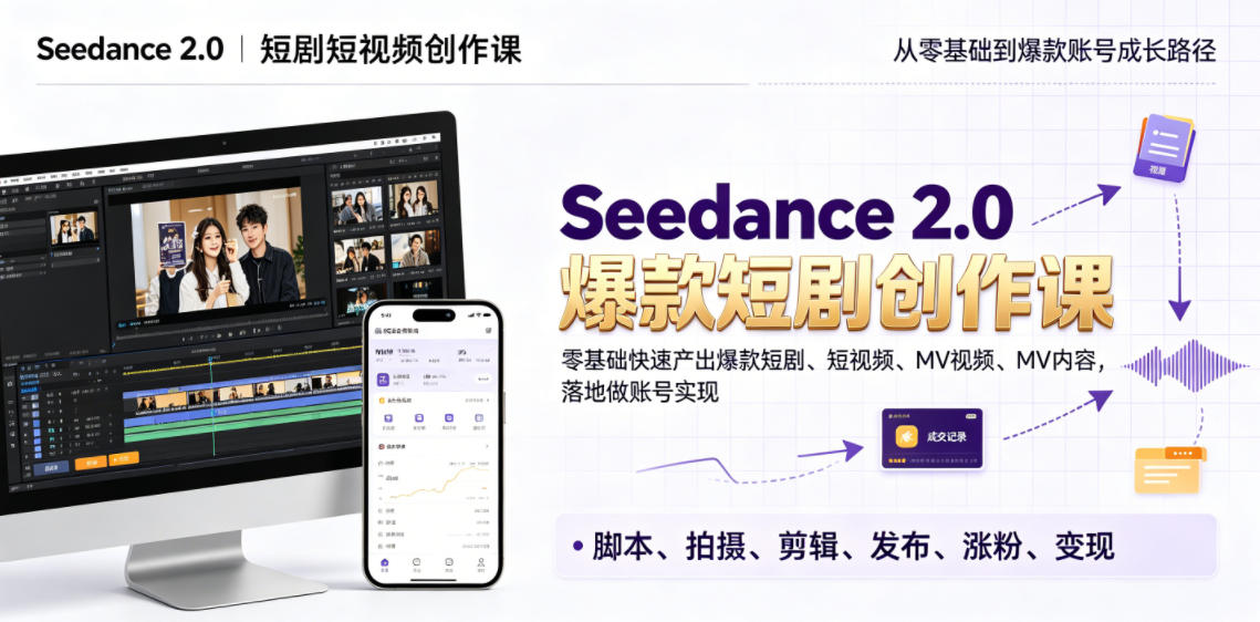 Seedance 2.0短剧短视频创作课，零基础快速产出爆款短剧、短视频、MV内容，落地做账号实现变现|云雀资源分享