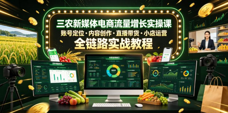 三农新媒体电商流量增长实操课，账号定位・内容创作・直播带货・小店运营，全链路实战教程|云雀资源分享