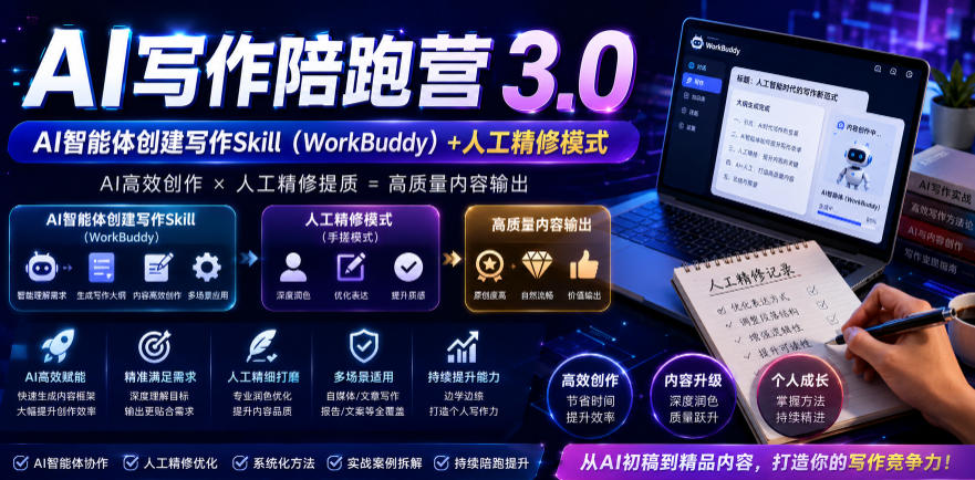 AI写作陪跑营3.0，Ai智能体创建写作skill(workbuddy)+人工手写模式(手搓模式)，去除AI痕迹(头条号、公众号、百家号)|云雀资源分享