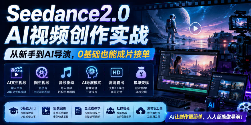 Seedance2.0 AI视频创作实战，从新手到AI导演，0基础也能成片接单变现|云雀资源分享