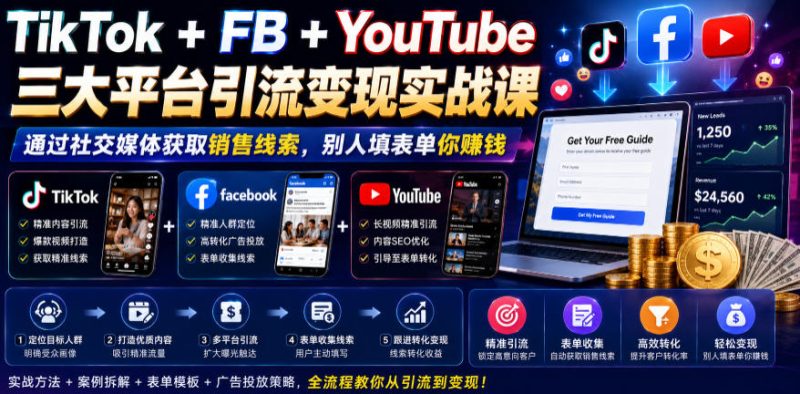 TikTok+FB+YouTube三大平台引流变现实战课，通过社交媒体获取销售线索，别人填表单你賺钱【原创双语字幕】|云雀资源分享