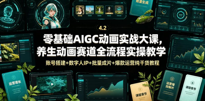 零基础AIGC动画实战大课，养生动画赛道全流程实操教学，账号搭建+数字人IP+批量成片+爆款运营纯干货教程|云雀资源分享