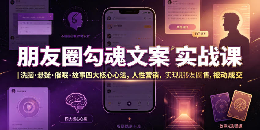 朋友圈勾魂文案实战课｜洗脑·悬疑·催眠·故事四大核心心法，吃透人性营销，实现朋友圈不销而售被动成交|云雀资源分享