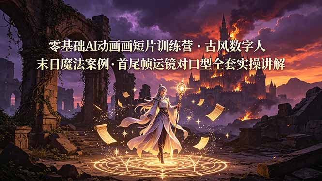 零基础AI动画短片训练营,古风数字人末日魔法案例,首尾帧运镜对口型全套实操讲解|云雀资源分享