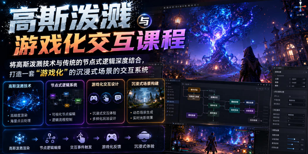 高斯泼溅与游戏化交互课程，将高斯泼溅技术与传统的节点式逻辑深度结合，打造一套“游戏化”的沉浸式场景的交互系统|云雀资源分享