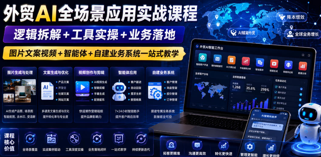 外贸AI全场景应用实战课程｜逻辑拆解+工具实操+业务落地，图片文案视频+智能体+自建业务系统一站式教学|云雀资源分享