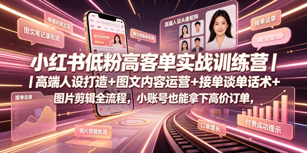 小红书低粉高客单实战训练营｜高端人设打造+图文内容运营+接单谈单话术+图片剪辑全流程，小账号也能拿下高价订单|云雀资源分享