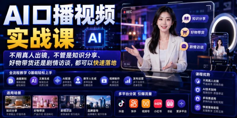AI口播视频实战课，不用真人出镜，不管是知识分享、好物带货还是剧情访谈，都可以快速落地|云雀资源分享