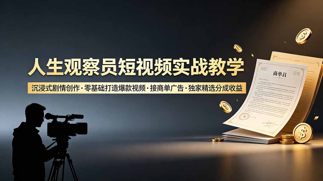 人生观察员短视频实战教学，沉浸式剧情创作，零基础打造爆款视频，接商单广告，独家精选分成收益|云雀资源分享