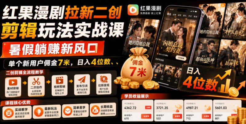 红果漫剧拉新二创剪辑玩法实战课，暑假躺賺新风口，单个新用户佣金7米，日入4位数|云雀资源分享
