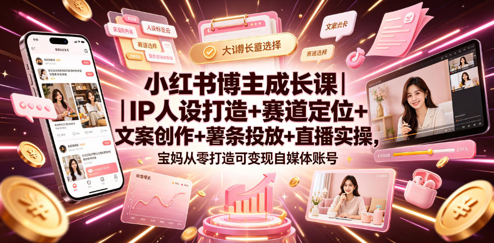 小红书博主成长课｜IP人设打造+赛道定位+文案创作+薯条投放+直播实操，宝妈从零打造可变现自媒体账号|云雀资源分享