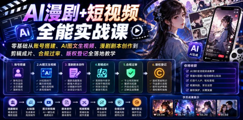AI漫剧+短视频全能实战课｜零基础从账号搭建、AI图文生视频、漫剧剧本创作到剪辑成片、合规过审、版权登记全落地教学|云雀资源分享