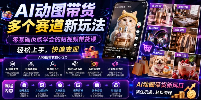 AI动图带货多个赛道新玩法，零基础也能学会的短视频带货课，轻松上手，快速变现|云雀资源分享