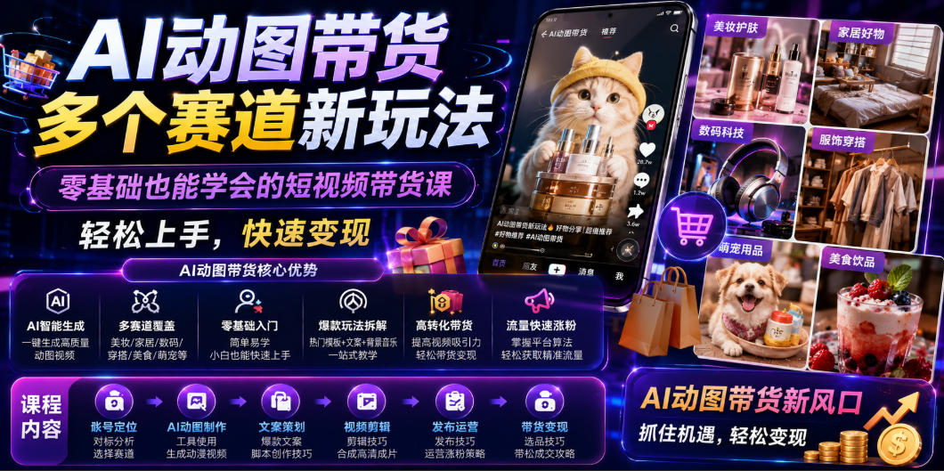 AI动图带货多个赛道新玩法，零基础也能学会的短视频带货课，轻松上手，快速变现|云雀资源分享