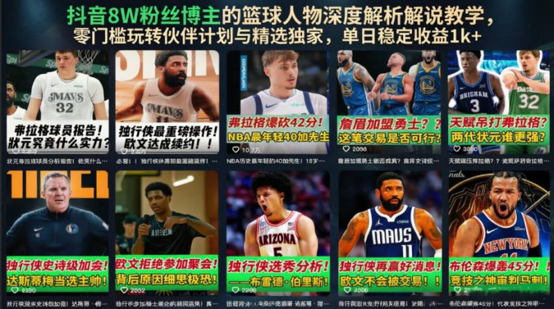 抖音8W粉丝博主的篮球人物深度解析解说教学，零门槛玩转伙伴计划与精选独家，单日稳定收益1k+|云雀资源分享