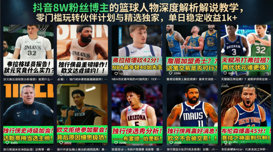 抖音8W粉丝博主的篮球人物深度解析解说教学，零门槛玩转伙伴计划与精选独家，单日稳定收益1k+|云雀资源分享