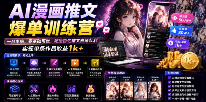 AI漫画推文爆单训练营，一台电脑，零基础可做，吃透百亿推文赛道红利，实现单条作品收益1k+|云雀资源分享