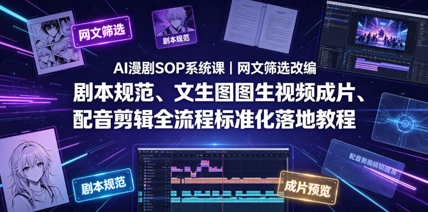 AI漫剧SOP系统课｜网文筛选改编、剧本规范、文生图图生视频成片、配音剪辑全流程标准化落地教程|云雀资源分享