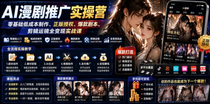 AI漫剧推广实操营｜零基础低成本制作、正版授权、爆款剧本、剪辑运镜全变现实战课|云雀资源分享