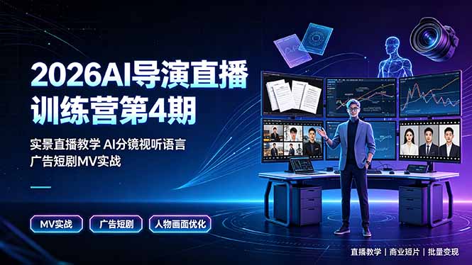 2026AI导演直播训练营第4期,实景直播教学AI分镜视听语言,广告短剧MV实战,解决人物画面崩坏痛点|云雀资源分享