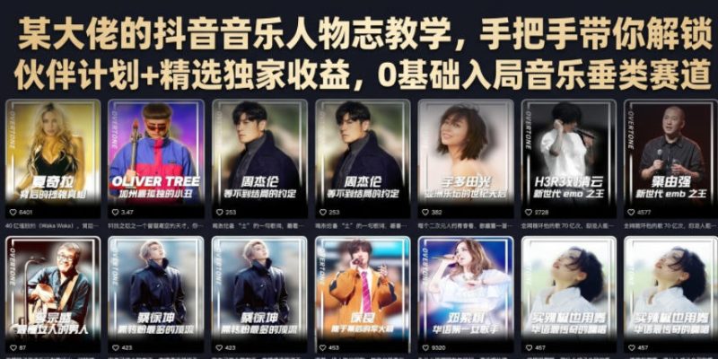 某大佬的抖音音乐人物志教学，手把手带你解锁伙伴计划+精选独家收益，0基础入局音乐垂类赛道|云雀资源分享