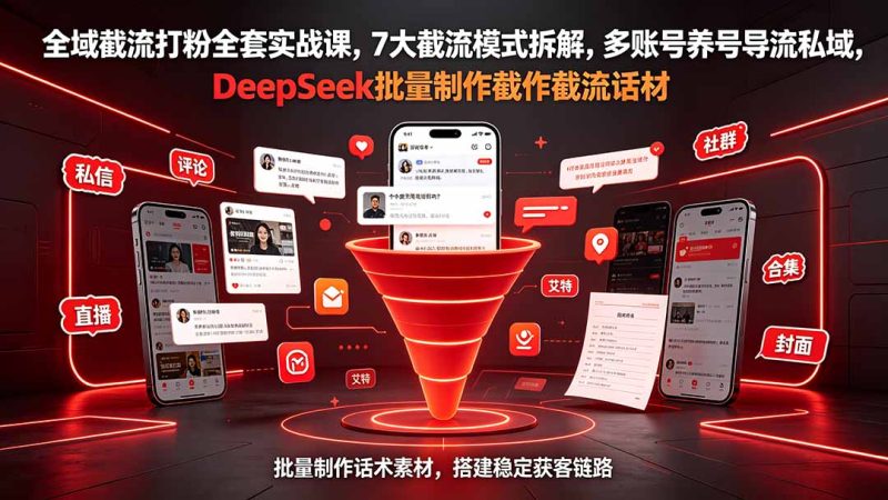 全域截流打粉全套实战课,7大截流模式拆解,多账号养号导流私域,DeepSeek批量制作截流话术素材|云雀资源分享